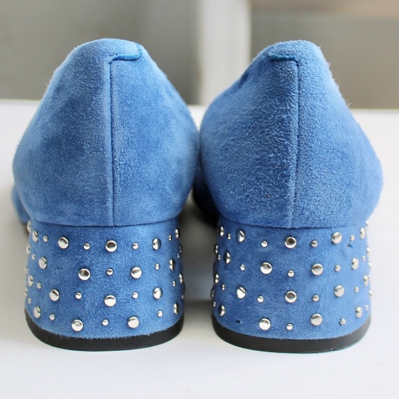 Pas de Rouge Blue Suede Round Toe Embellished Studded Block Heel 2190 Size 7.5 - Picture 4 of 9